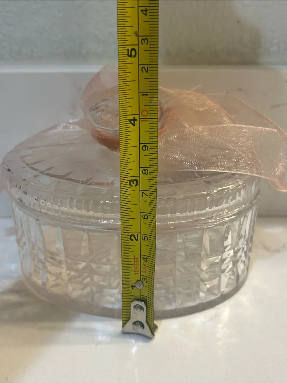 Crystal Glass Trinket Lidded Box intricate faceted panels with Pale Pink Ribbon